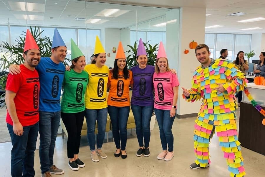 Coworkers in a group costume and an office supply costume at a Halloween costume contest.