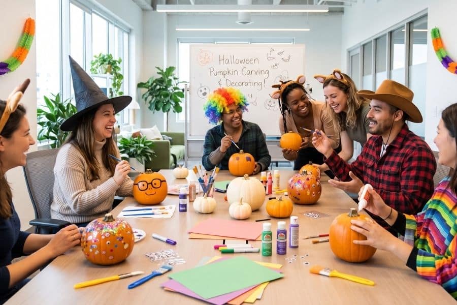 Halloween team-building activities with coworkers decorating pumpkins in the office