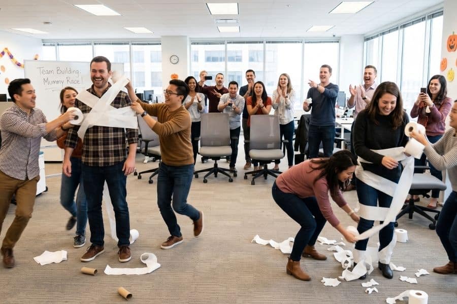 Office team racing to wrap a coworker like a mummy during a Halloween game