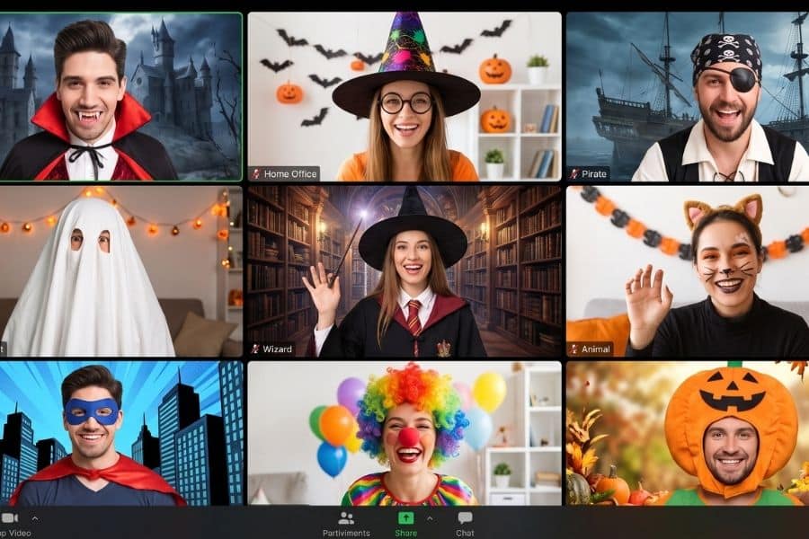 Remote team in Halloween costumes on a video call for a virtual costume parade