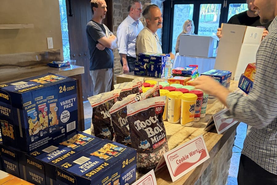 Snacks and supplies ready for troop care packages at a Los Angeles charity event